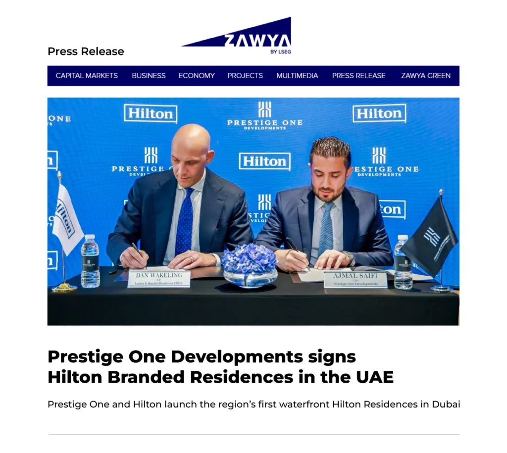 Prestige One Developments signs Hilton Branded Residences in the UAE