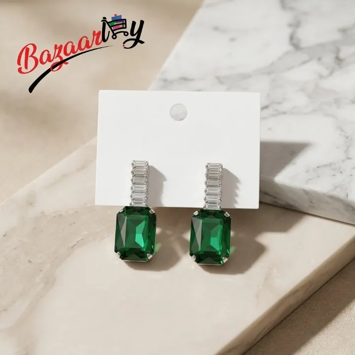 Emerald Green Crystal Drop Earrings – Baguette Stud with Rectangular Stone for Women