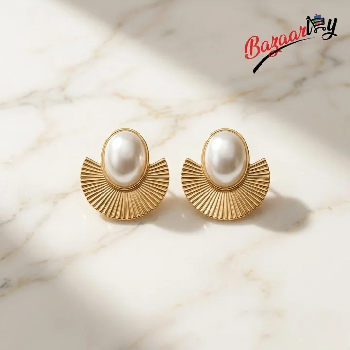 Stainless Steel Pearl Centre Fan Stud Earrings