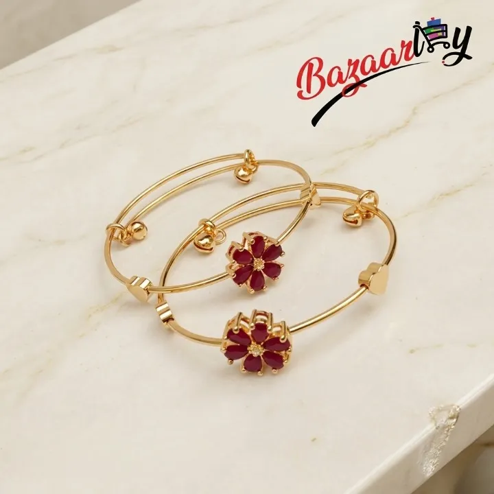 Gold-Tone Ruby Red Flower Bangle Bracelet for Women – Crystal Floral Charm Adjustable Bangle