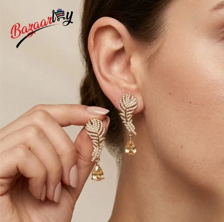 Gold-Tone Crystal Feather Drop Earrings for Women