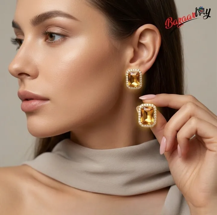 CZ Diamond Halo Square Stone Earrings in Green & Amber