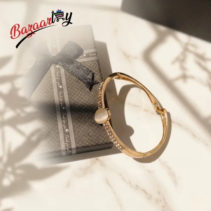 Opal Stone Bangle Bracelet for Women – CZ Diamond Gold Tone Cuff Bangle with Cat Eye Center Stone