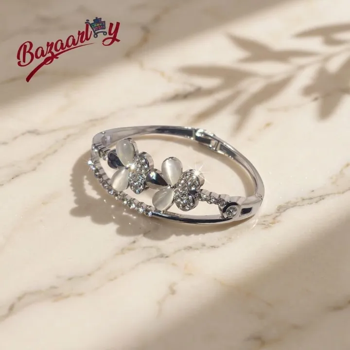 Double Flower Bangle Bracelet for Women – CZ Diamond Opal Floral Charm Cuff Bangle in Silver Tone