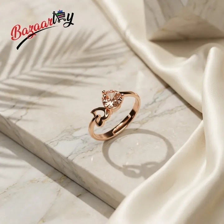 Heart Charm Crystal Ring for Women – Adjustable Rose Gold Tone Ring with Champagne Solitaire Stone