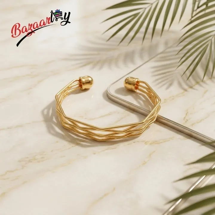 Woven Gold Wire Cuff Bangle for Women – Stainless Steel Open Adjustable Multi Strand Wire Bracelet
