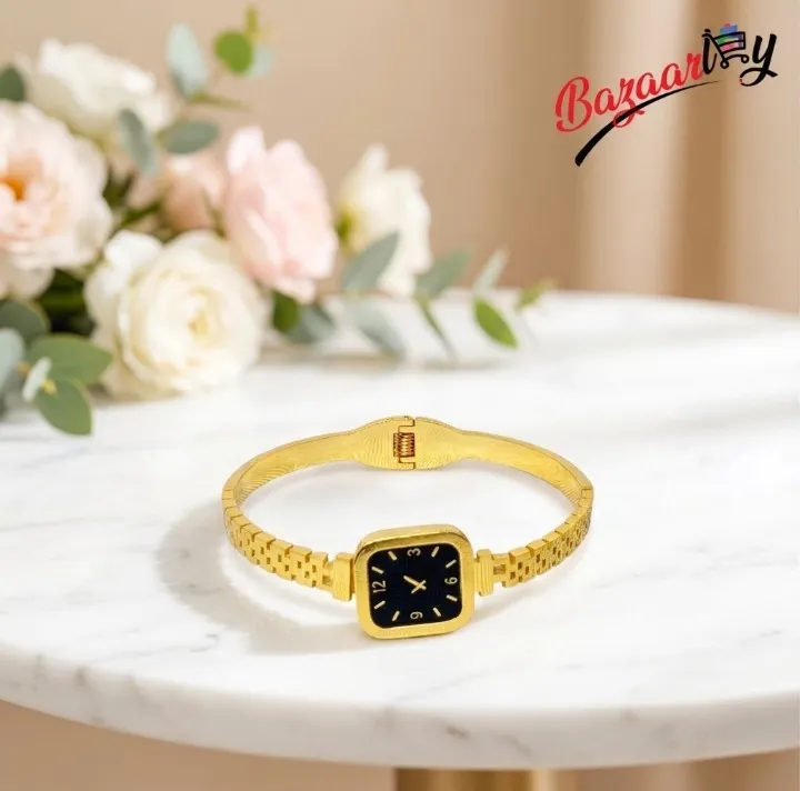 Square Dial Bangle Watch for Women – Gold Tone Stainless Steel Bracelet Watch with Black Dial