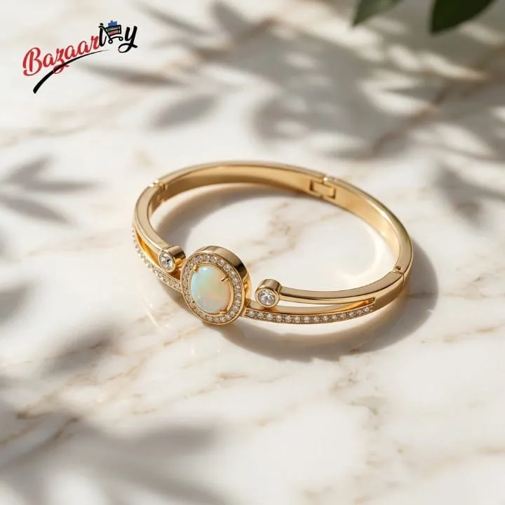 Opal Stone Cuff Bangle for Women – CZ Diamond Gold Tone Elegant Bracelet with Round Opal Center