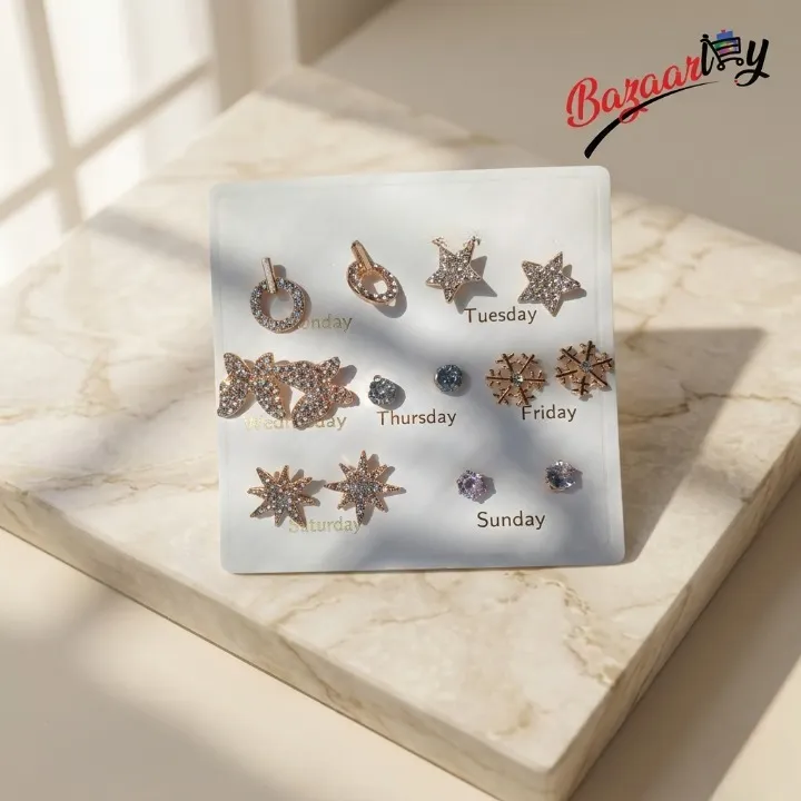 7 Days of the Week Stud Earrings Set for Women – CZ Diamond Mixed Design Daily Wear Earrings