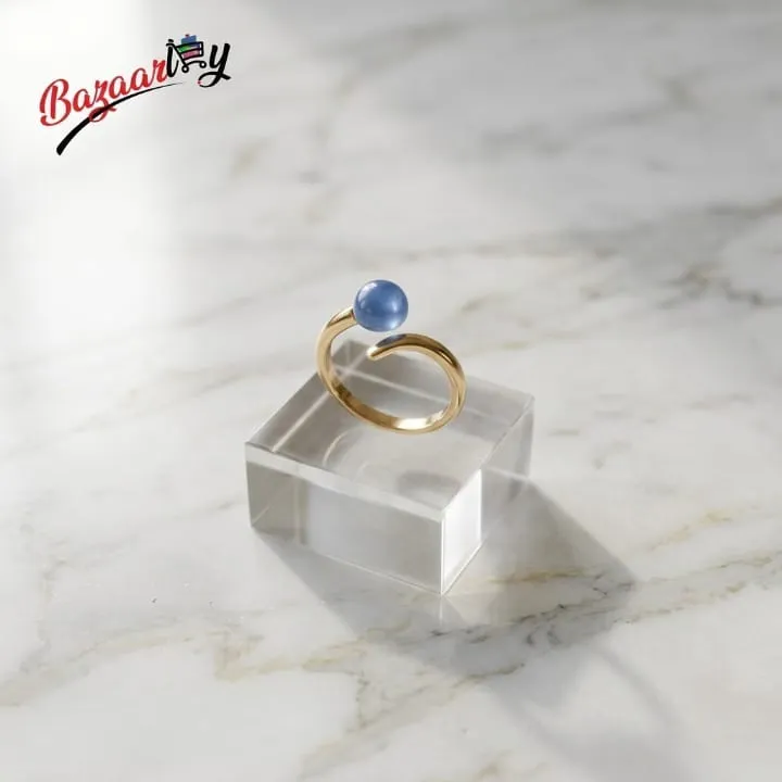 Round Ball Stone Ring for Women – Adjustable Gold Tone Ring with Blue Cat Eye Stone